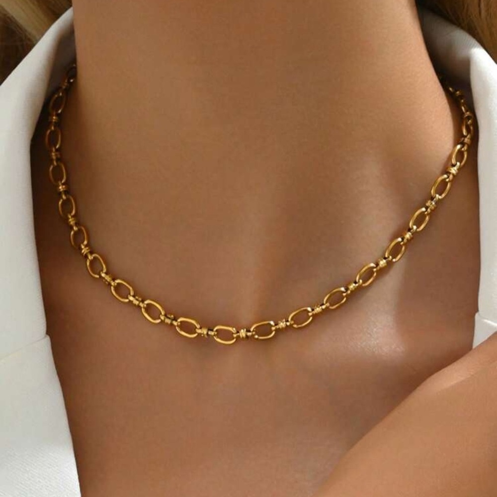 Gold Plated Stainless Steel Textured Oval Link Chain Necklace
